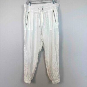 Athleta Womens Cabo Linen Jogger Pants Elastic Waist Drawstring Pockets White 14